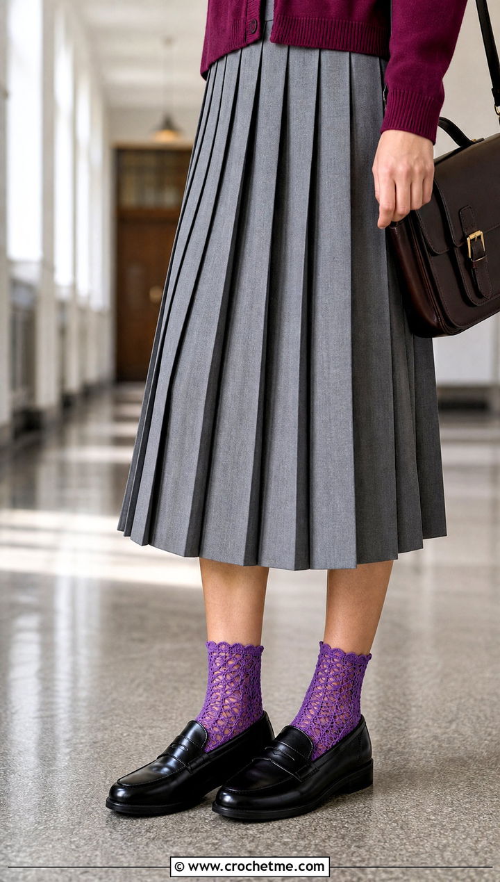 Crochet Socks With Loafers And Pleated Skirt - 35 old money crochet outfits ideas
