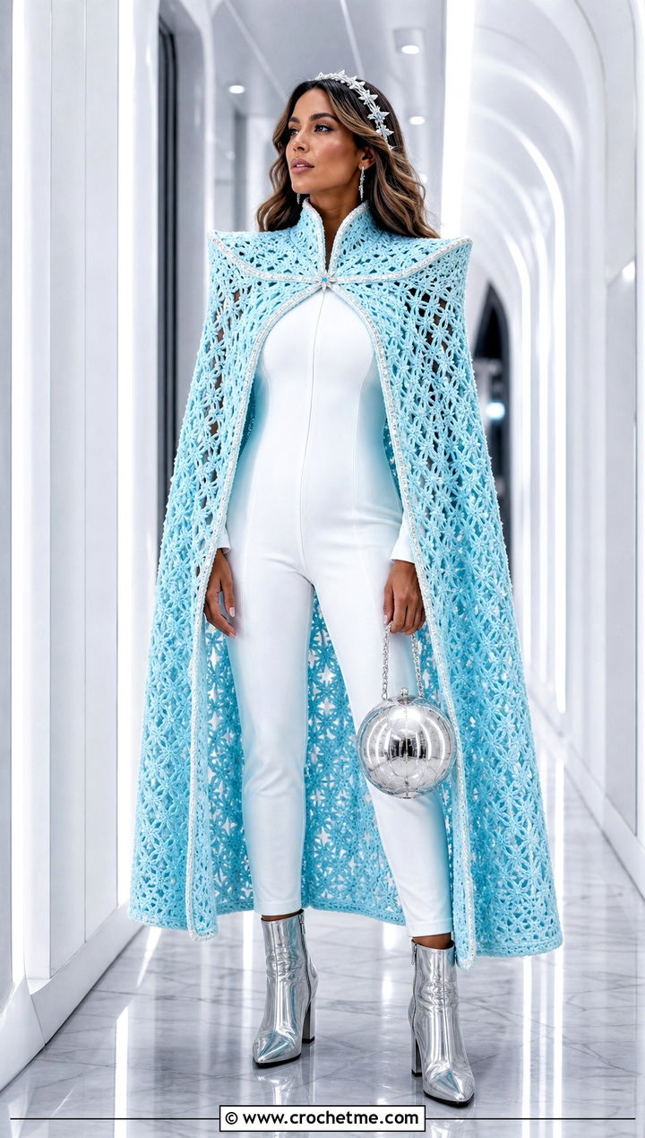 Crochet Space Princess Cape With White Jumpsuit - 35 Crochet Halloween Costume Women outfit ideas