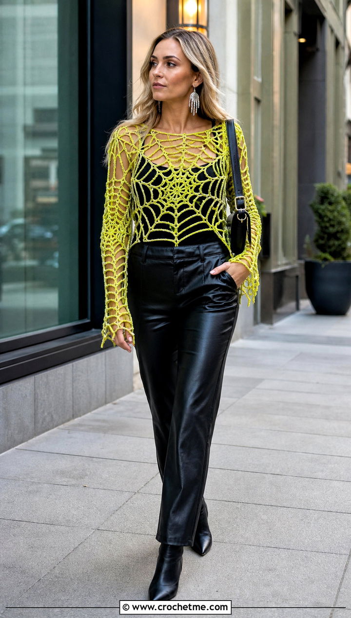 Crochet Spiderweb Top With Leather Pants - 20 Crochet Halloween Clothing and outfit ideas
