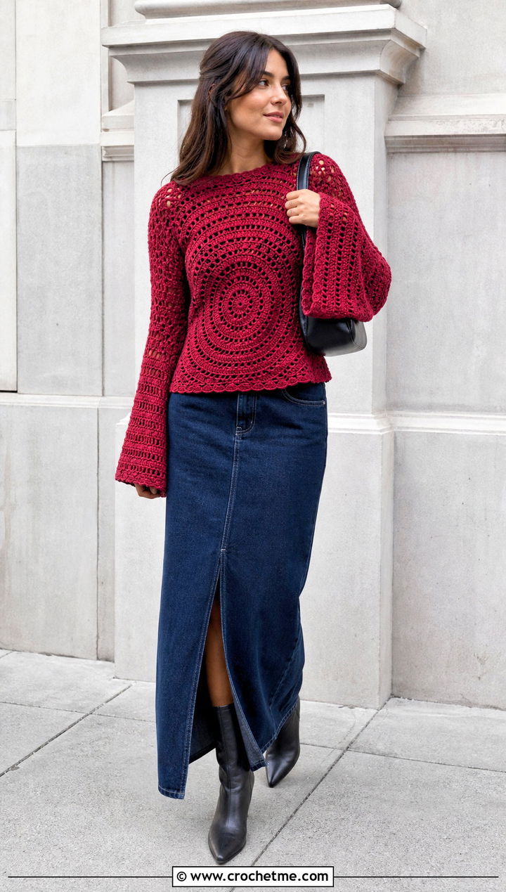Crochet Spiral Bell Sleeve Top With Denim Maxi Skirt - 30 crochet spiral top outfit ideas
