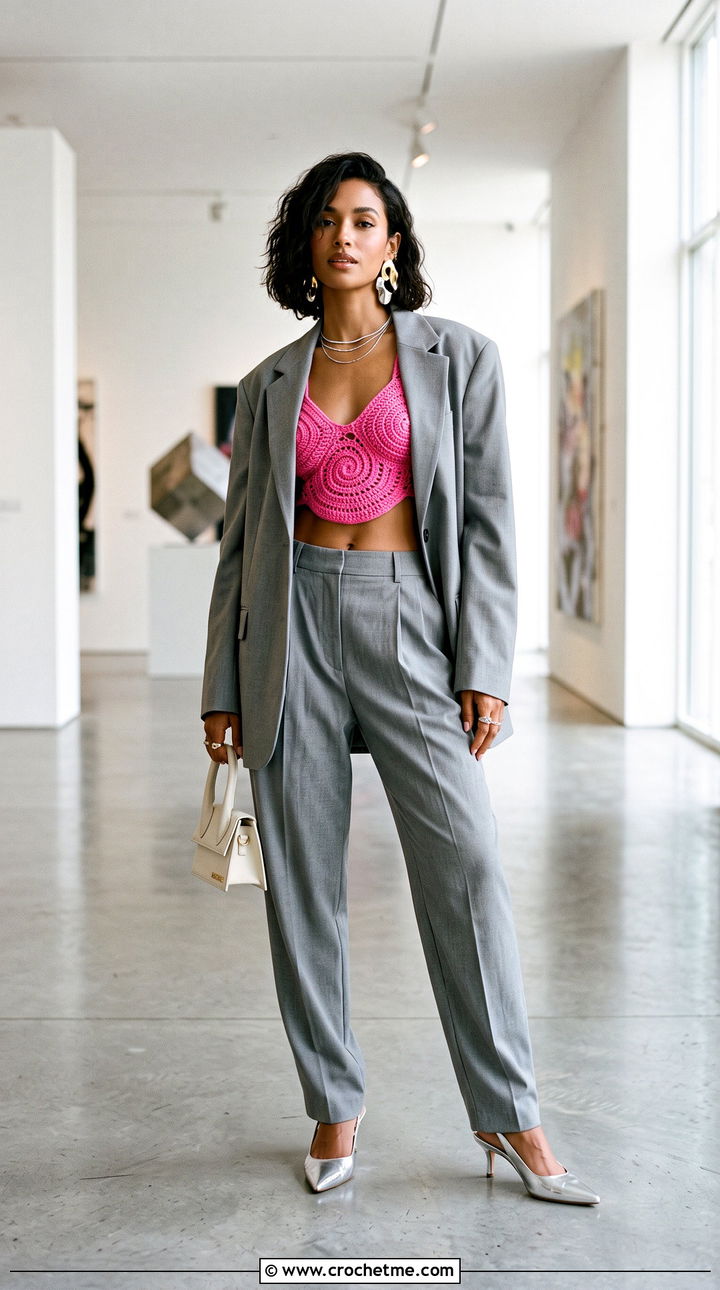 Crochet Spiral Bralette Top With Oversized Suit - 30 crochet spiral top outfit ideas