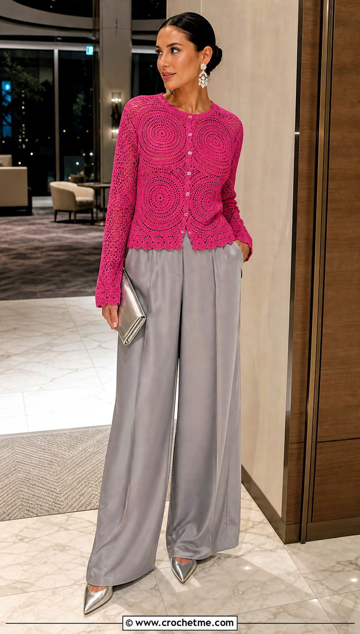 Crochet Spiral Button Front Top With Silk Trousers - 30 crochet spiral top outfit ideas