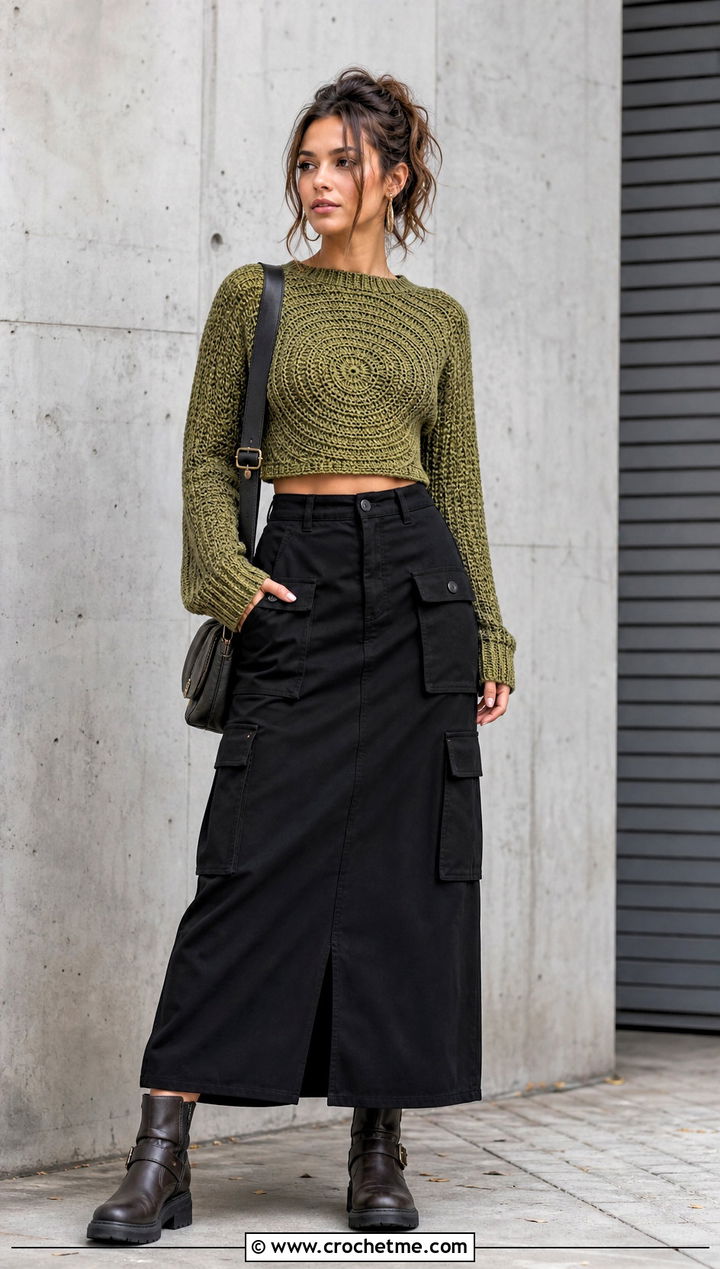 Crochet Spiral Cropped Sweater Top With Cargo Maxi Skirt - 30 crochet spiral top outfit ideas