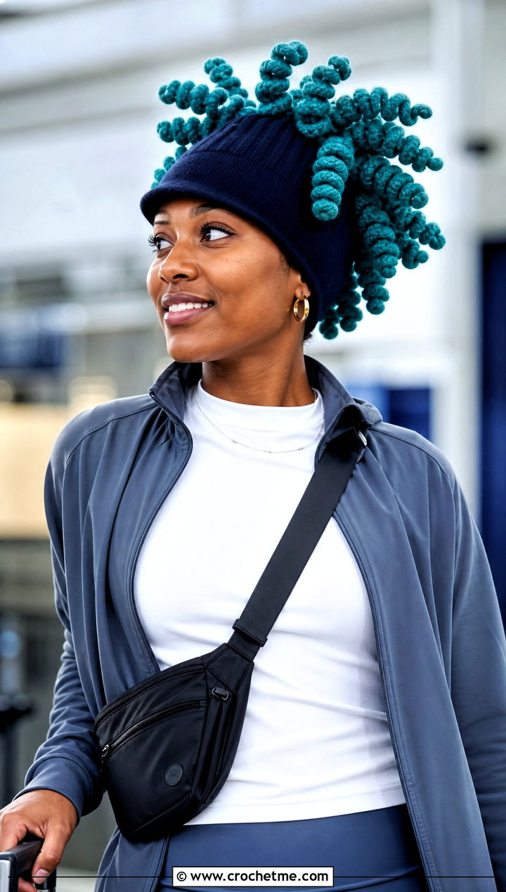 Crochet Spiral Curl Hat Topper With Athleisure Outfit - 20 Crochet Hat Toppers Ideas