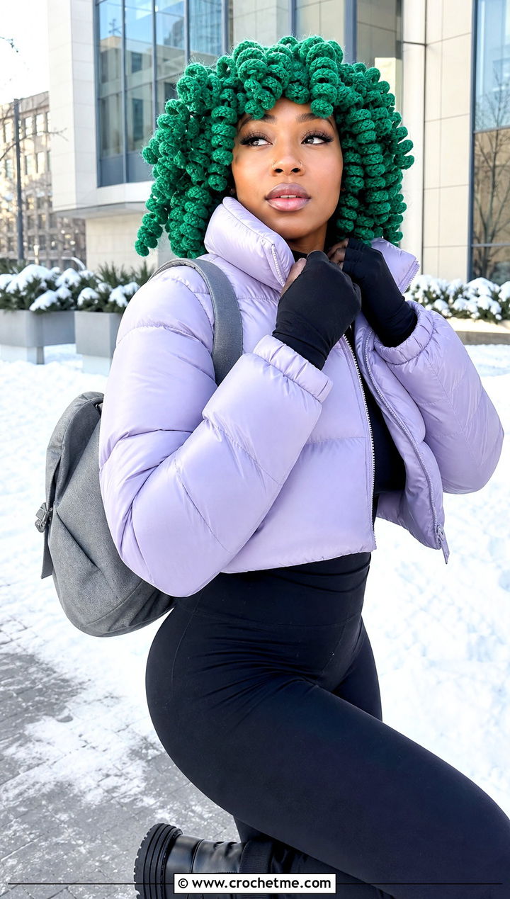 Crochet Spiral Curl Wig Hat With Puffer Jacket And Leggings - 20 Crochet Wig Hat outfit ideas