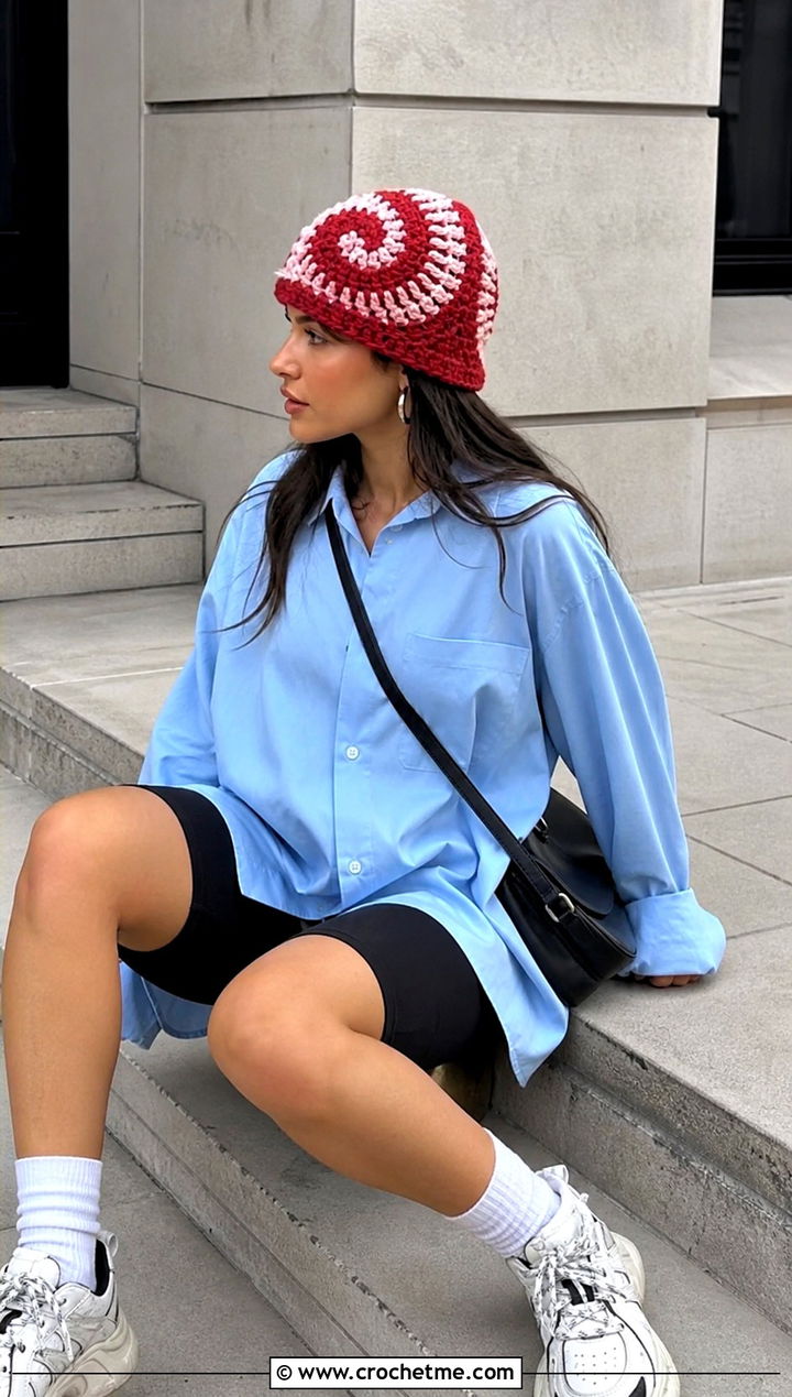 Crochet Spiral Hat With Oversized Shirt - 30 Women Crochet Hats outfit ideas