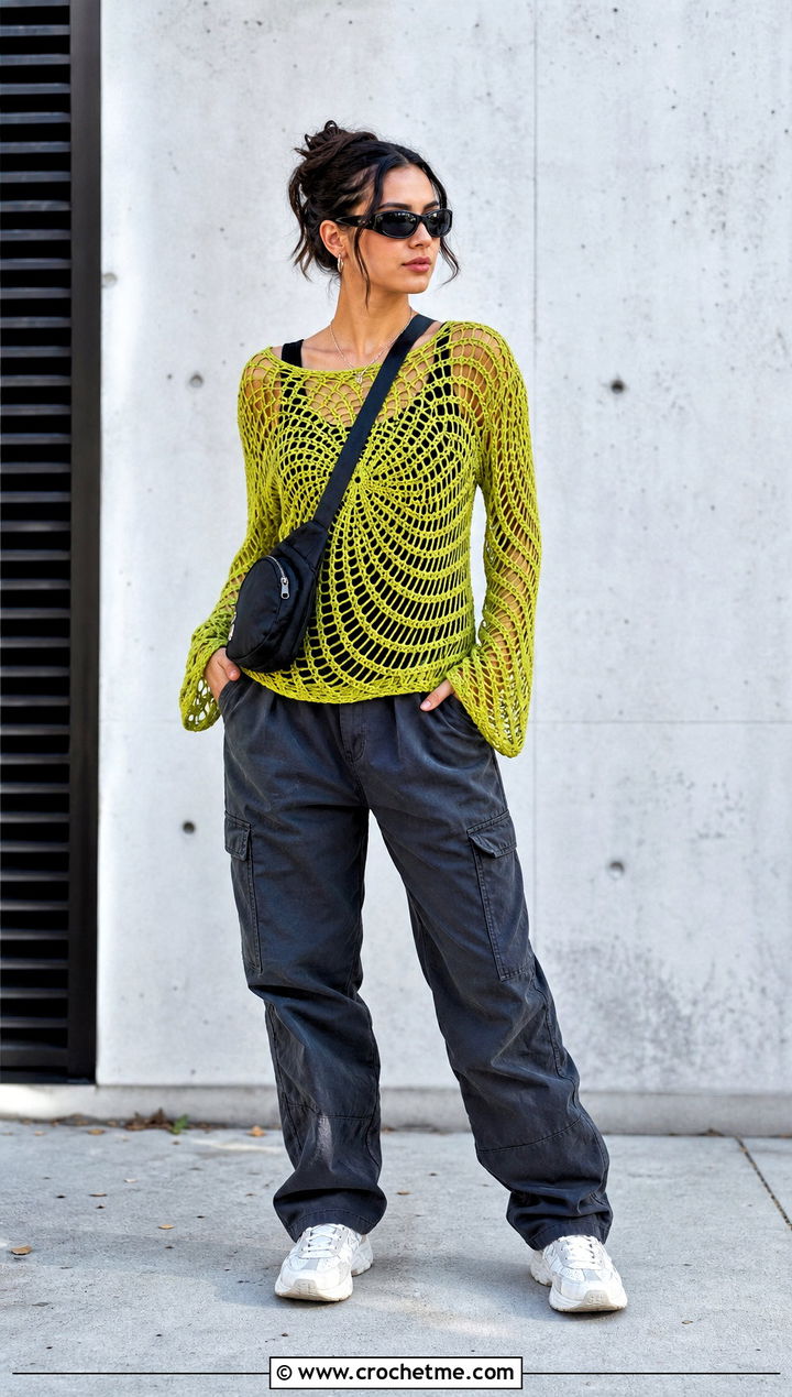 Crochet Spiral Mesh Top With Cargo Pants - 30 crochet spiral top outfit ideas