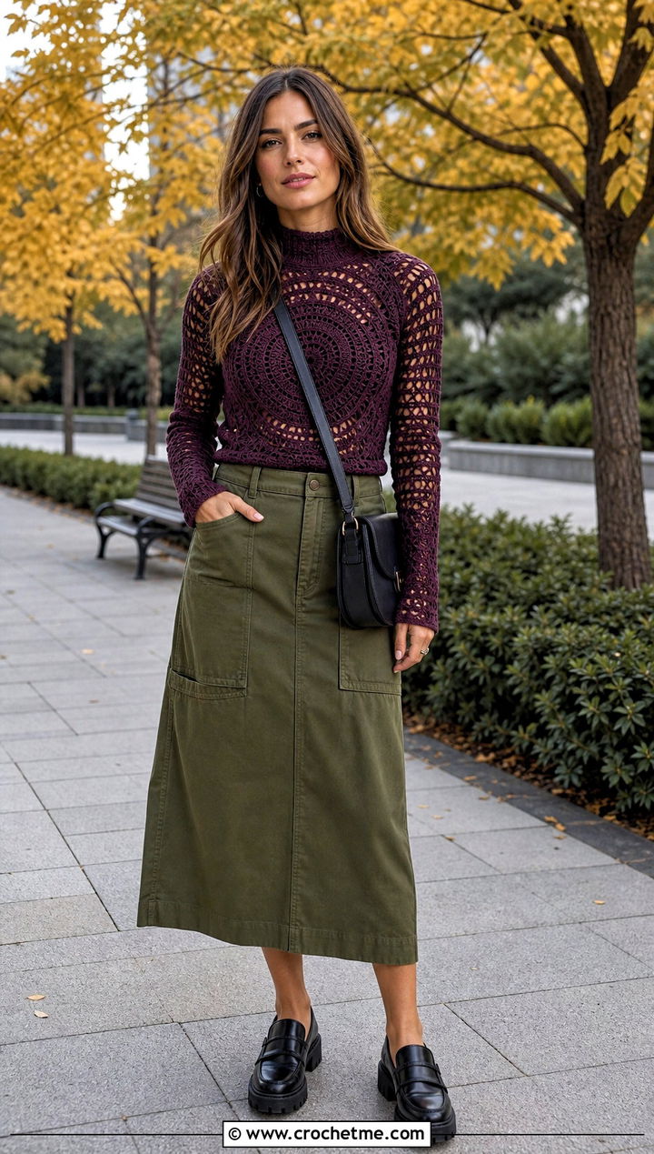 Crochet Spiral Mock Neck Top With Utility Skirt - 30 crochet spiral top outfit ideas