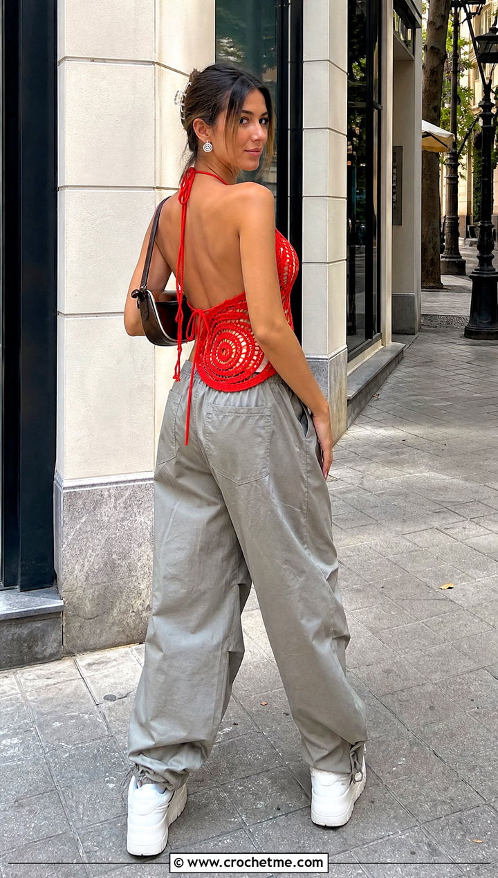 Crochet Spiral Open Back Top With Parachute Pants - 30 crochet spiral top outfit ideas