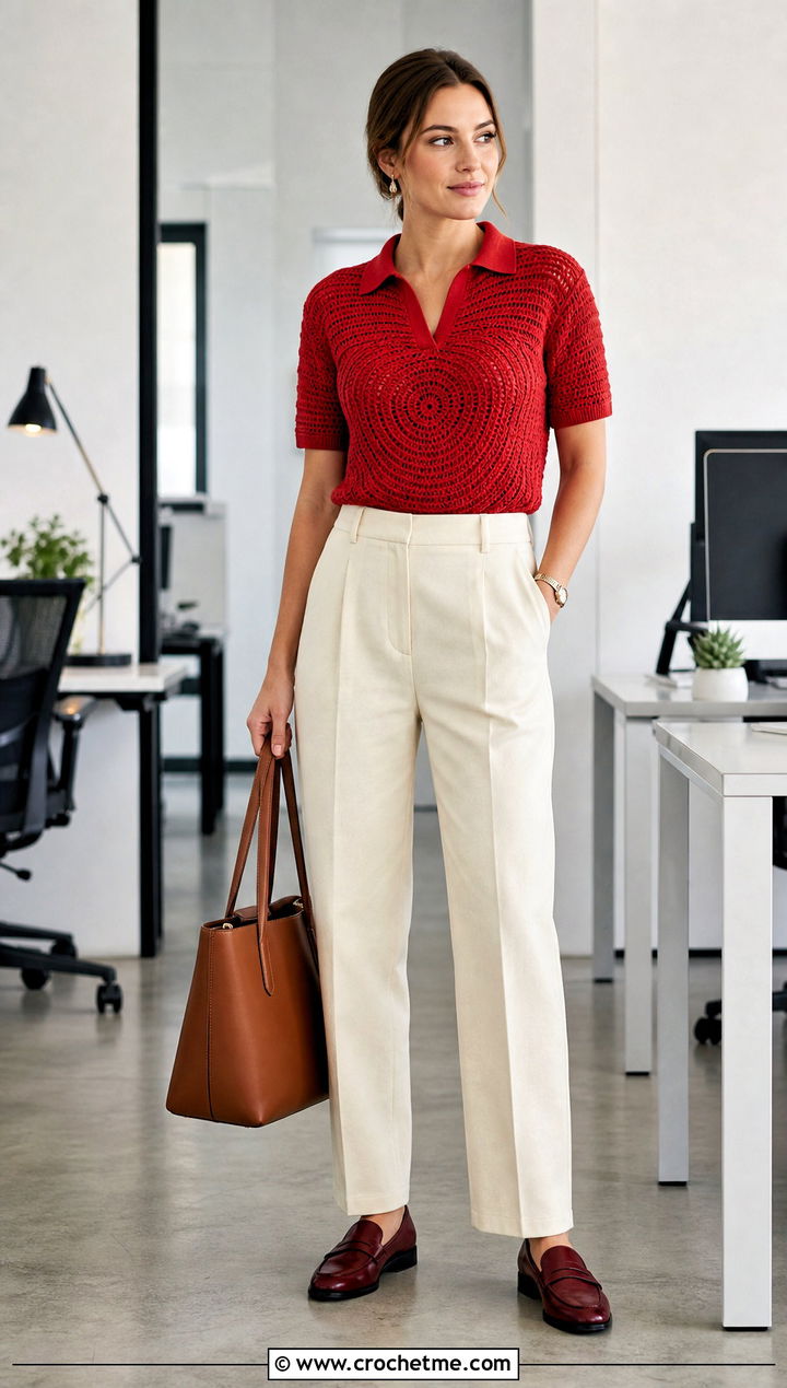 Crochet Spiral Polo Top With Tailored Trousers - 30 crochet spiral top outfit ideas