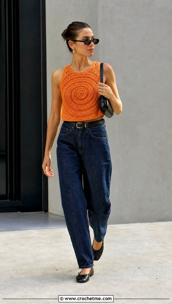 Crochet Spiral Tank Top With Barrel Jeans - 30 crochet spiral top outfit ideas