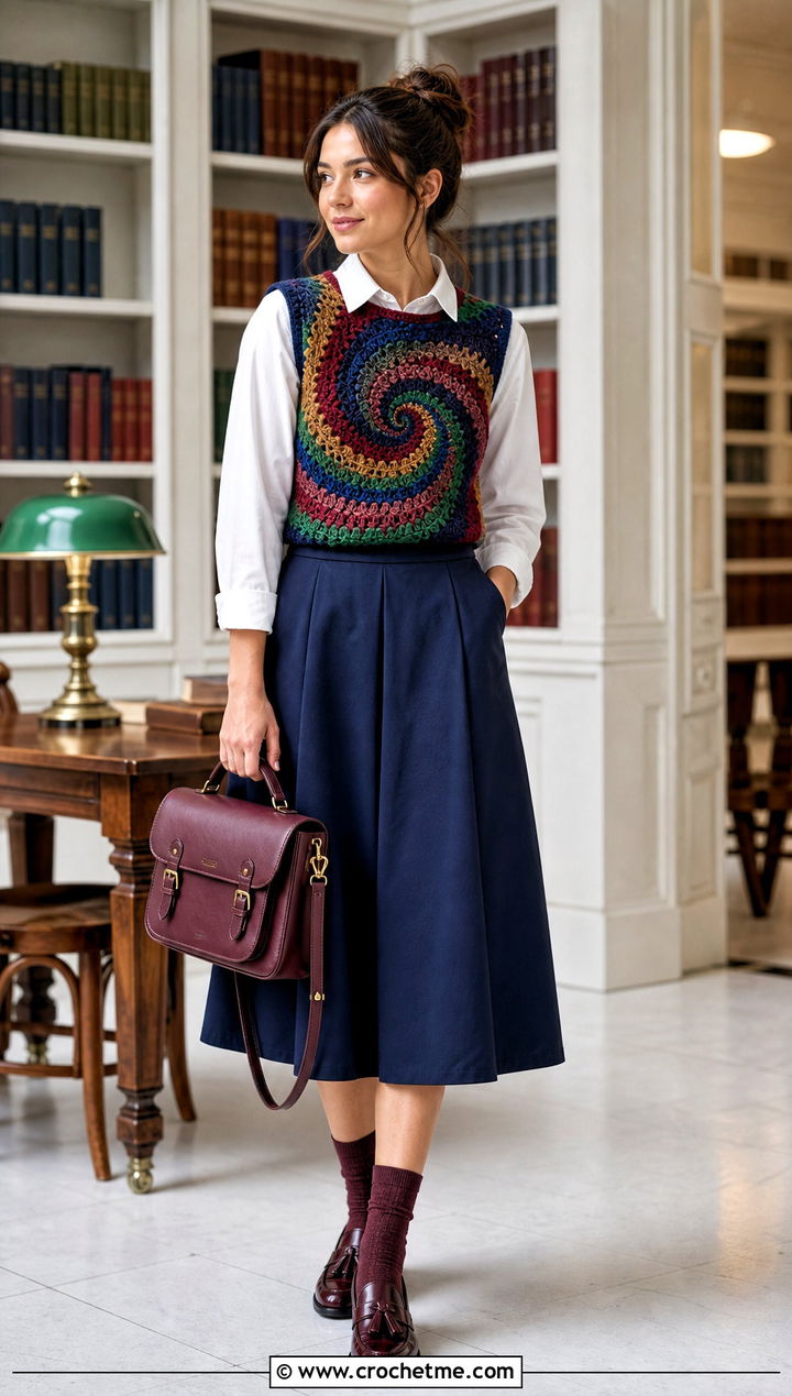 Crochet Spiral Vest Top With Poplin Shirt And Midi Skirt - 30 crochet spiral top outfit ideas