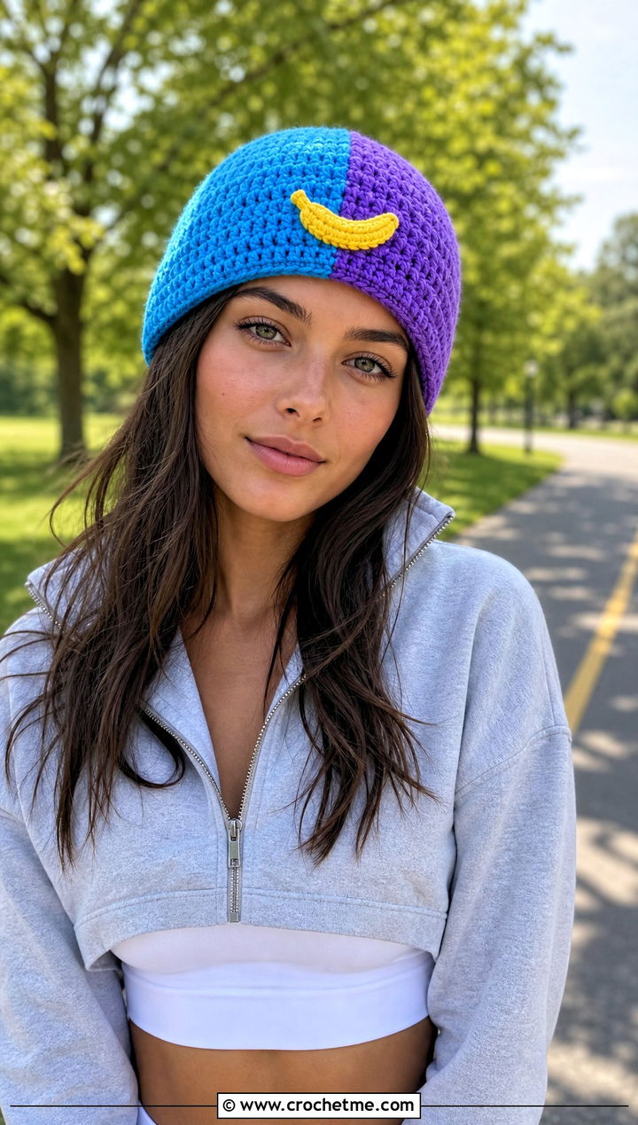 Crochet Split Color Banana Beanie With Athleisure - 30 crochet banana hat outfit ideas