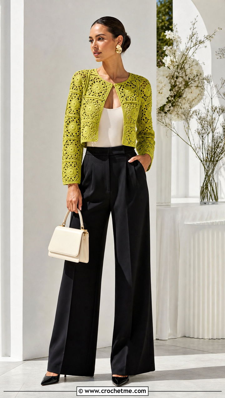 Crochet Square Bolero Jacket With High Waisted Trousers - 30 crochet square jacket outfit ideas