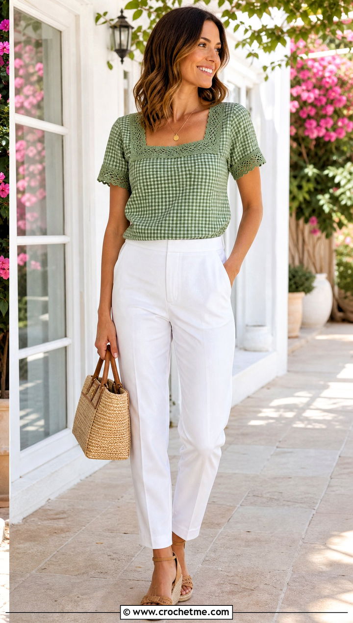 Crochet Square Neck Gingham Top With White Trousers - 30 crochet and fabric top outfit ideas