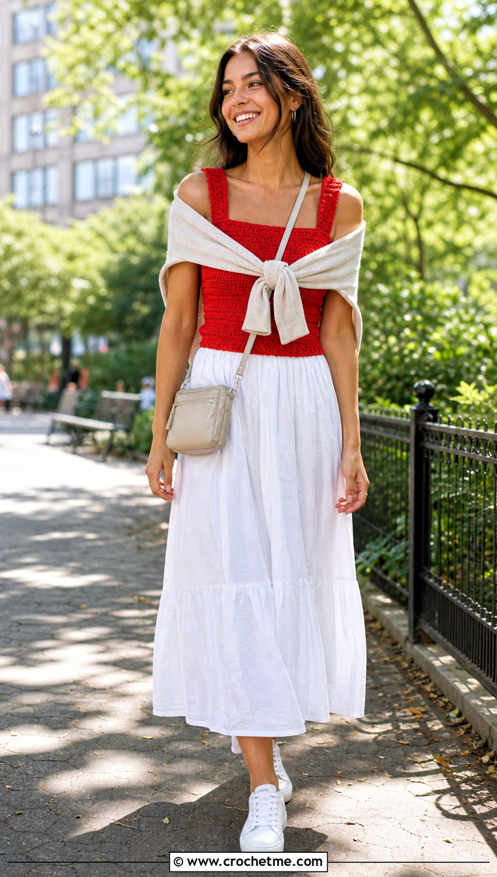 Crochet Square Neck Sundress With White Sneakers - 25 Crochet Top Dress outfit ideas