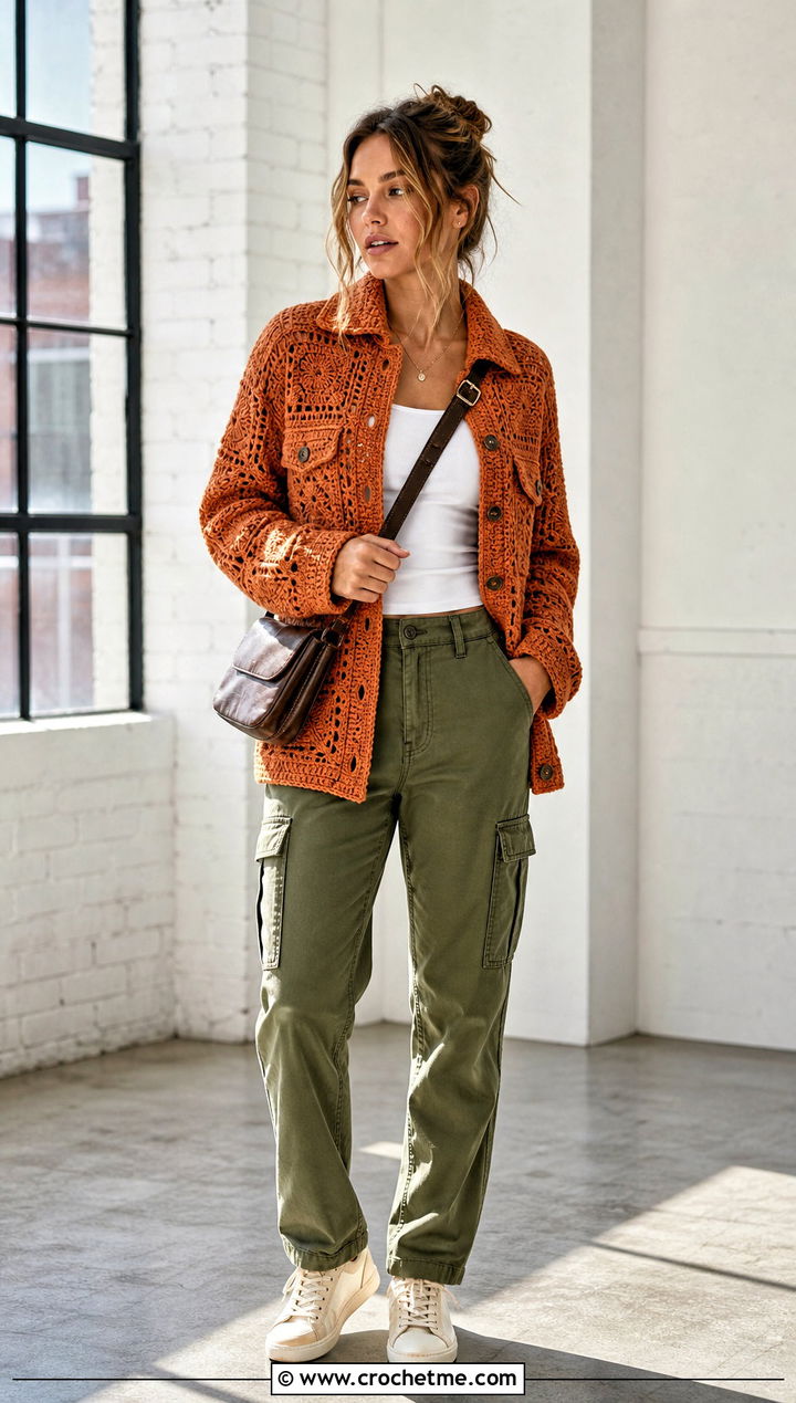 Crochet Square Shacket With Cargo Pants - 30 crochet square jacket outfit ideas