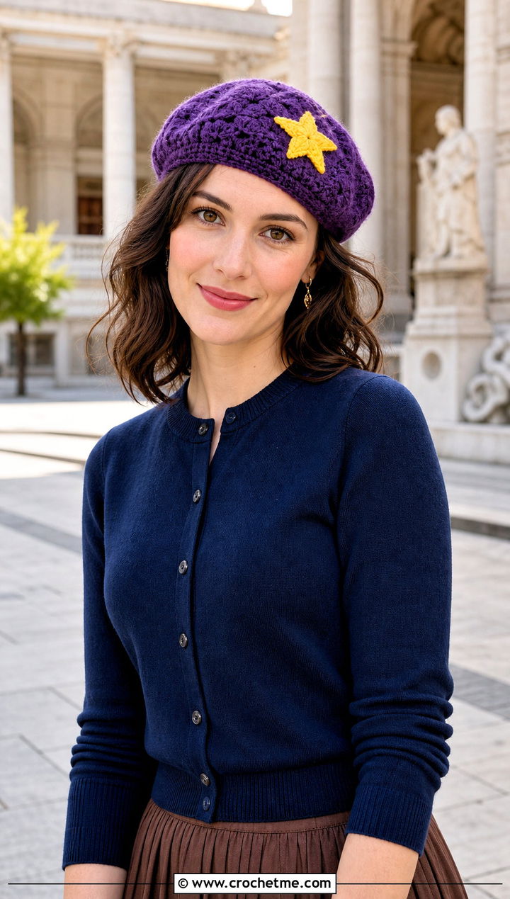 Crochet Star Beret With Pleated Midi Skirt - 25 crochet star hat outfit ideas