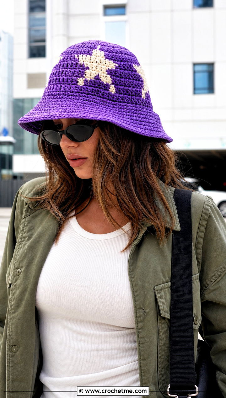 Crochet Star Bucket Hat With Cargo Pants - 25 crochet star hat outfit ideas