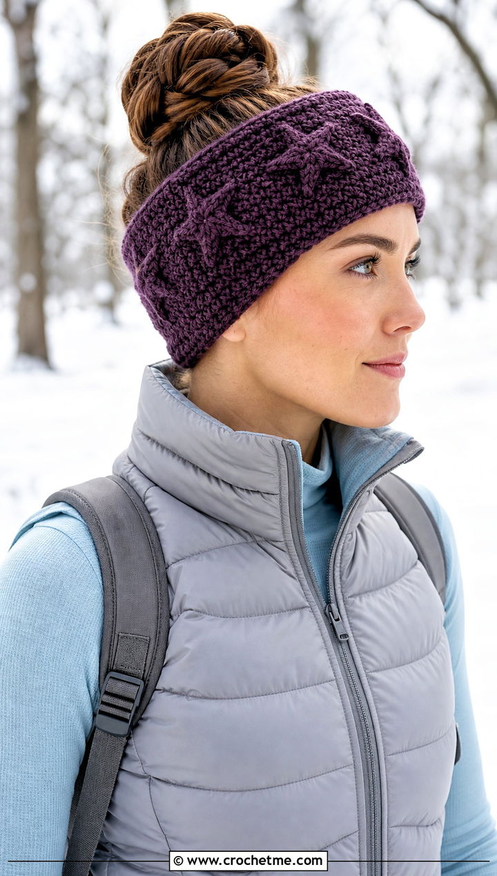 Crochet Star Ear Warmer With Puffer Vest - 25 crochet star headband outfit ideas