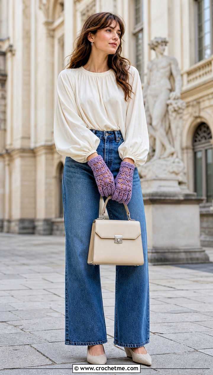 Crochet Star Flower Gloves With Blouse And Straight Jeans - 35 crochet star gloves outfit ideas