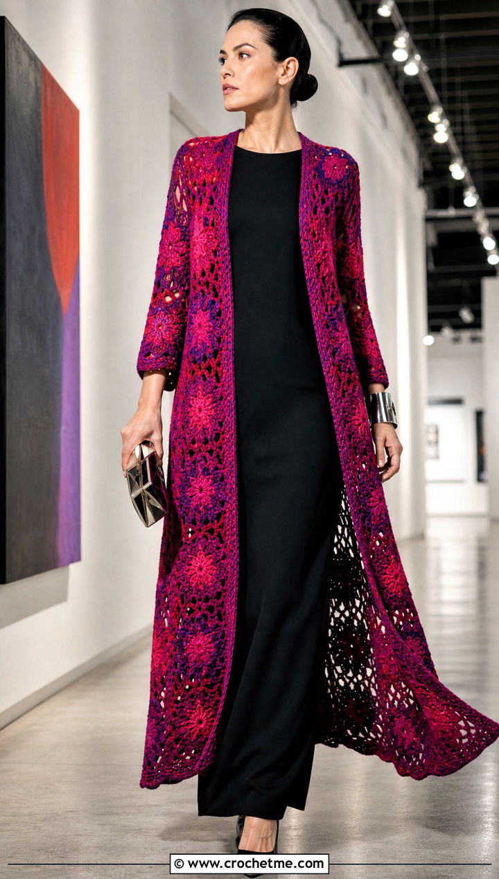 Crochet Star Granny Square Duster Cardigan With Column Dress - 25 Crochet Star Granny Square Cardigan outfit ideas