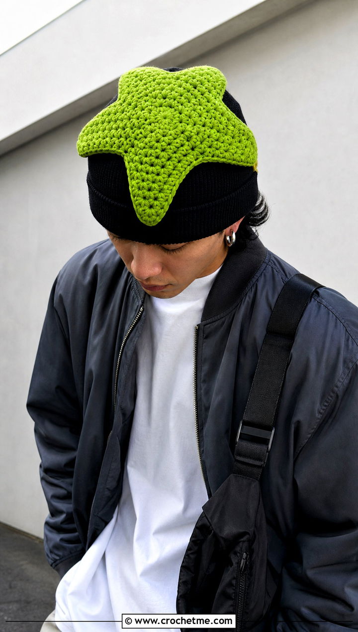 Crochet Star Hat Topper With Streetwear Outfit - 20 Crochet Hat Toppers Ideas
