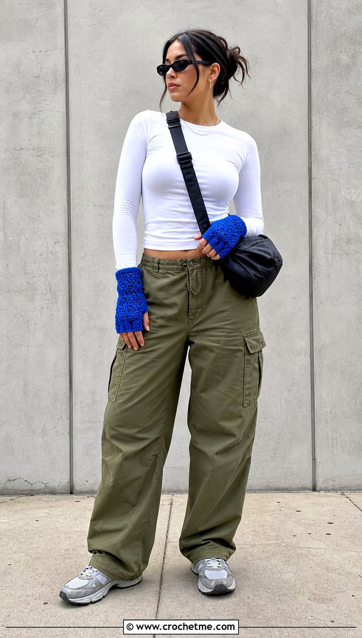 Crochet Star Stitch Fingerless Gloves With Cargo Pants - 35 crochet star gloves outfit ideas