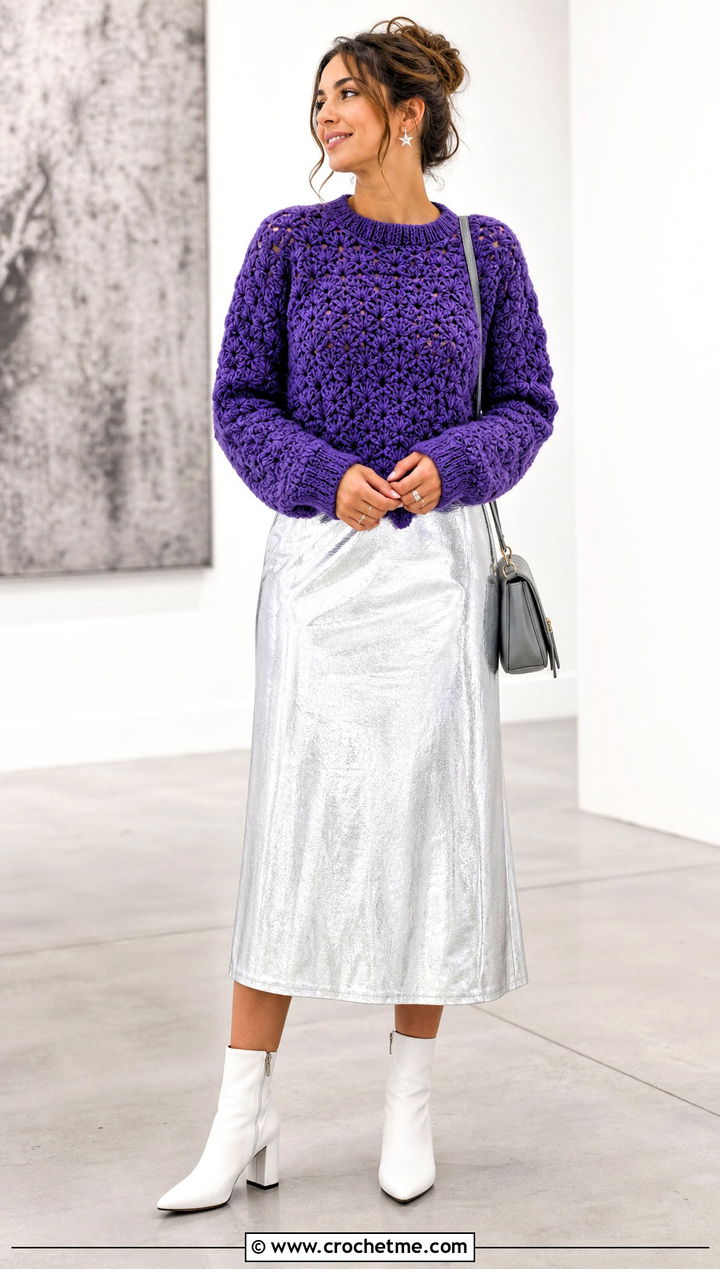Crochet Star Stitch Sweater With Silver Midi Skirt - 25 Fantasy Crochet Clothing and outfit ideas