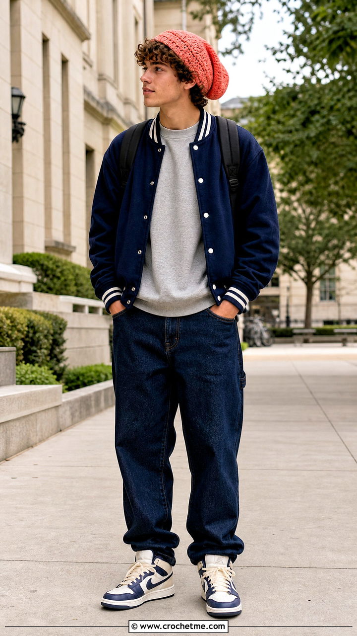 Crochet Stocking Cap With Varsity Jacket - 35 crochet hats for men outfit ideas