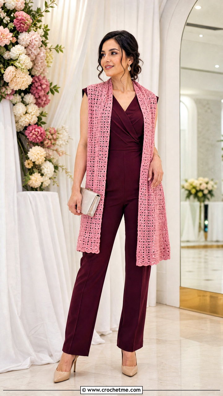 Crochet Stole With Tailored Jumpsuit - 35 Crocheted Shawls And Wraps outfit ideas