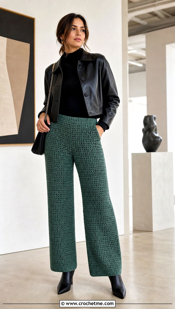Crochet Straight Leg Pants With Fitted Mock Neck Top - 30 Fall Crochet Clothes Ideas