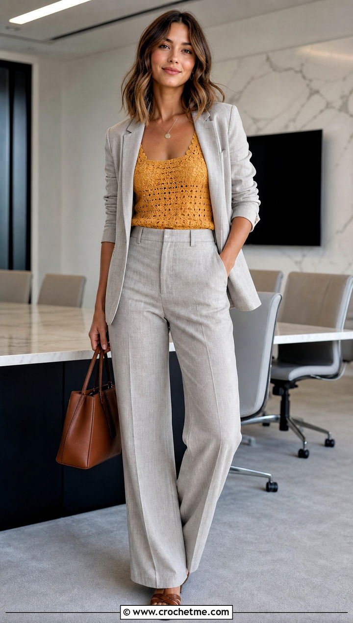 Crochet Strap Fabric Camisole With Linen Suit - 30 crochet and fabric top outfit ideas