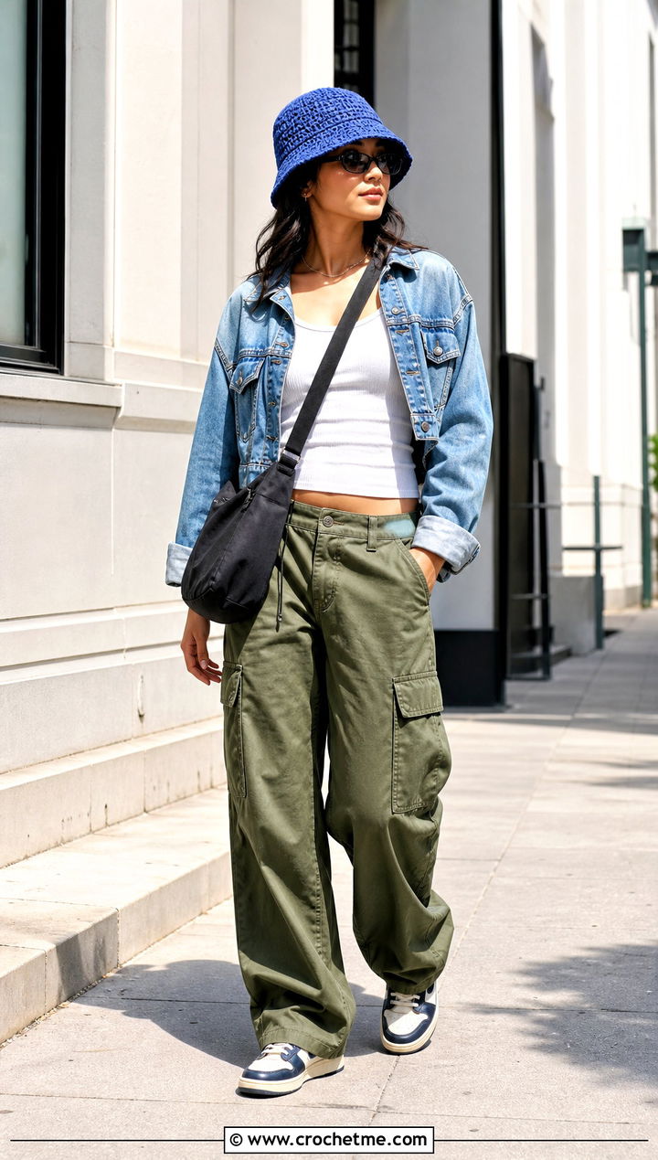 Crochet Straw Bucket Hat With Cargo Pants - 35 crochet straw hat outfit ideas