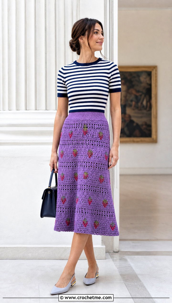 Crochet Strawberry A Line Skirt With Striped Knit Top - 25 crochet strawberry skirt outfit ideas