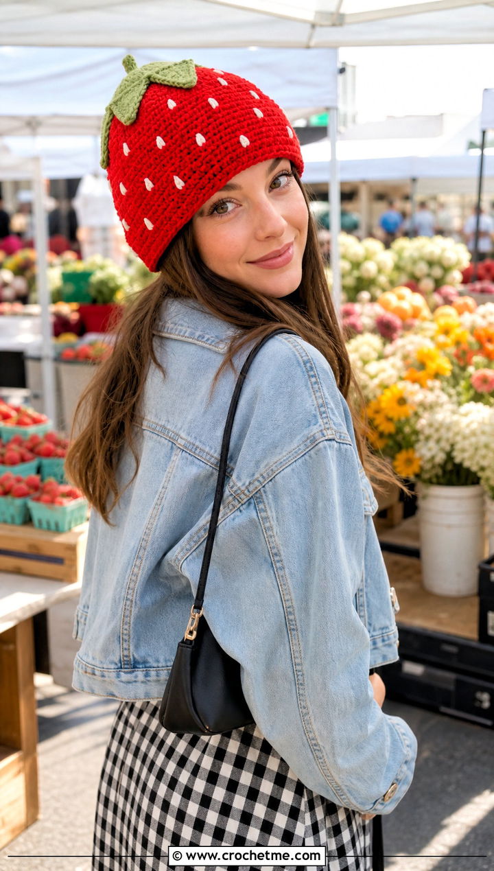 Crochet Strawberry Amigurumi Hat With Gingham Dress - 30 crochet amigurumi hat outfit ideas