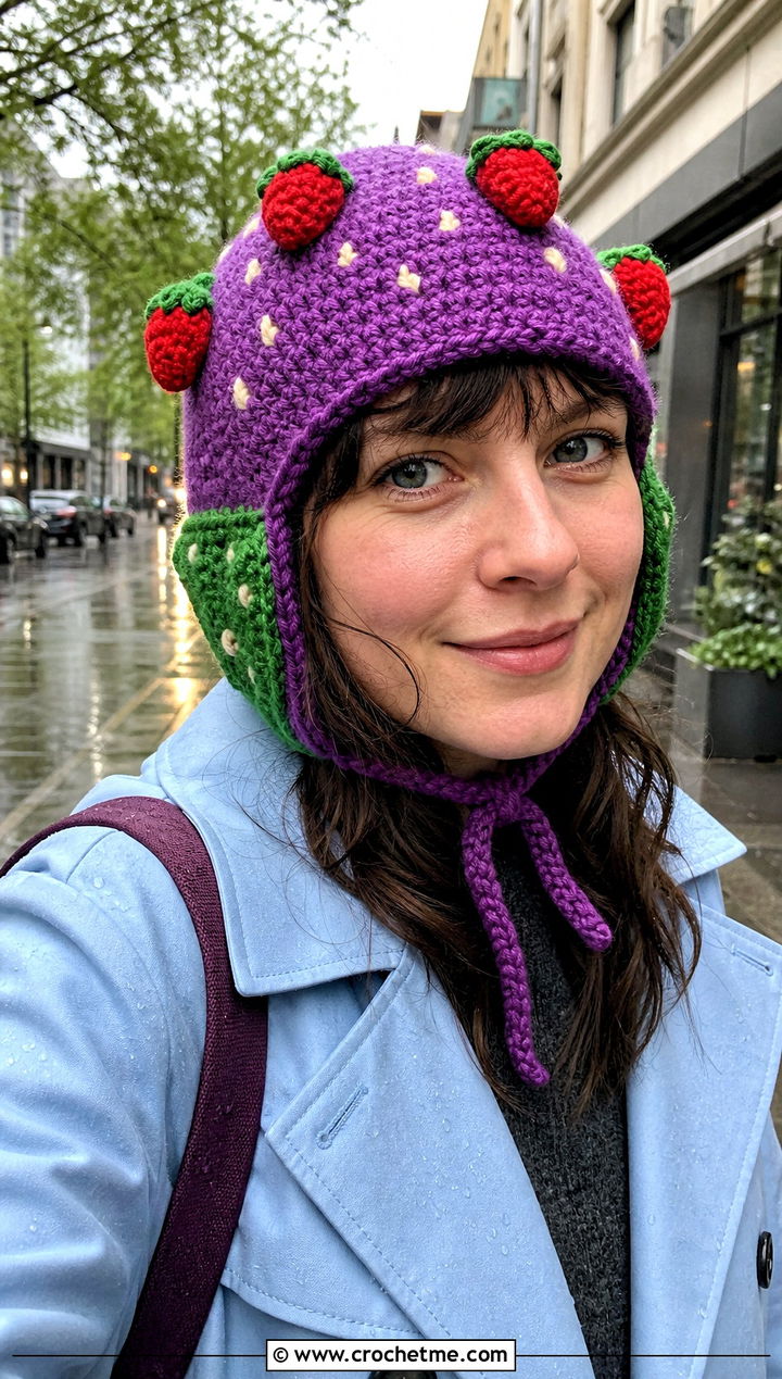 Crochet Strawberry Aviator Hat With Raincoat - 30 crochet strawberry hat outfit ideas