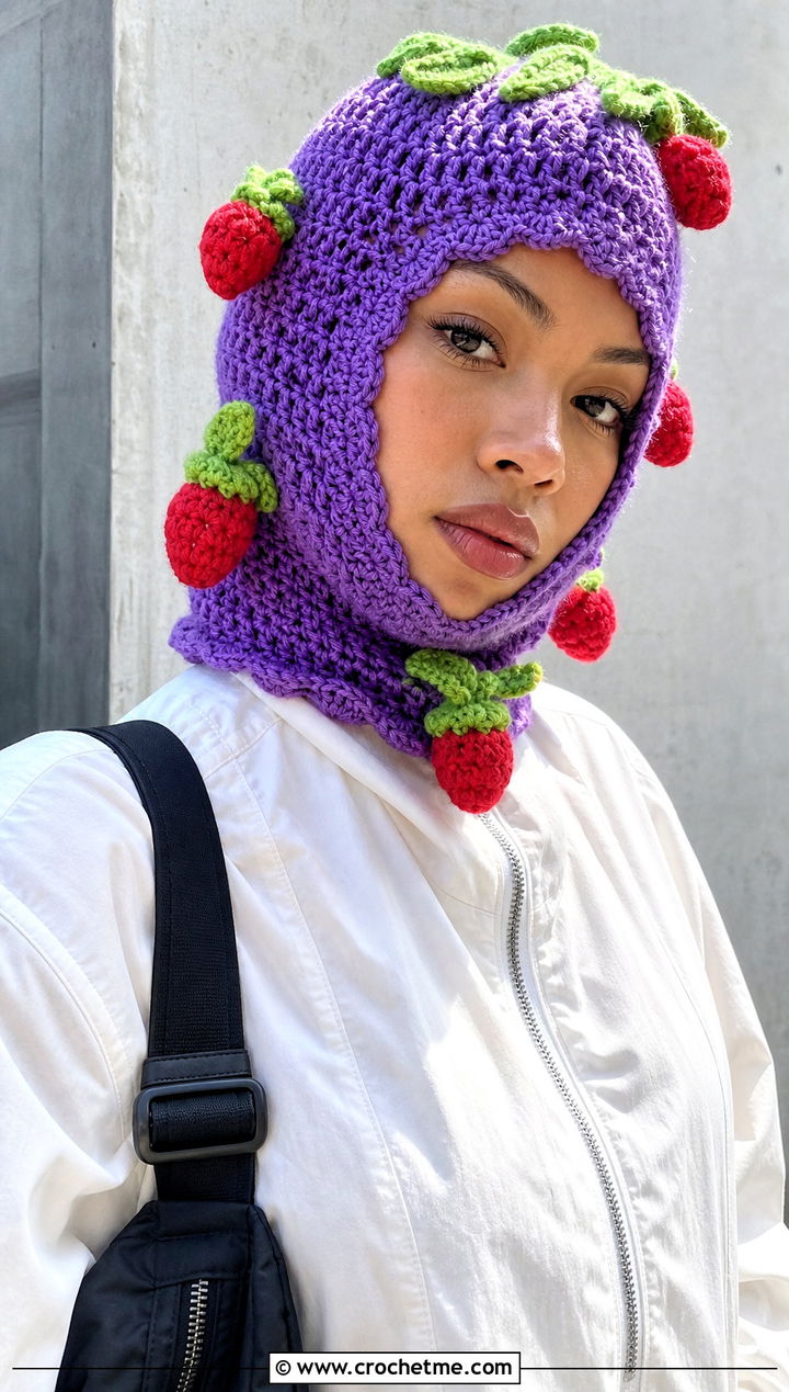 Crochet Strawberry Balaclava With Track Jacket - 30 crochet strawberry hat outfit ideas