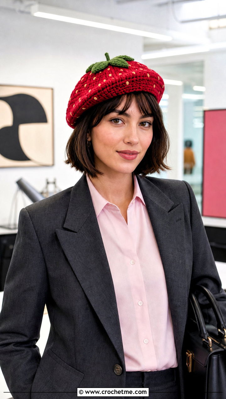 Crochet Strawberry Beret With Blazer And Trousers - 30 crochet strawberry hat outfit ideas