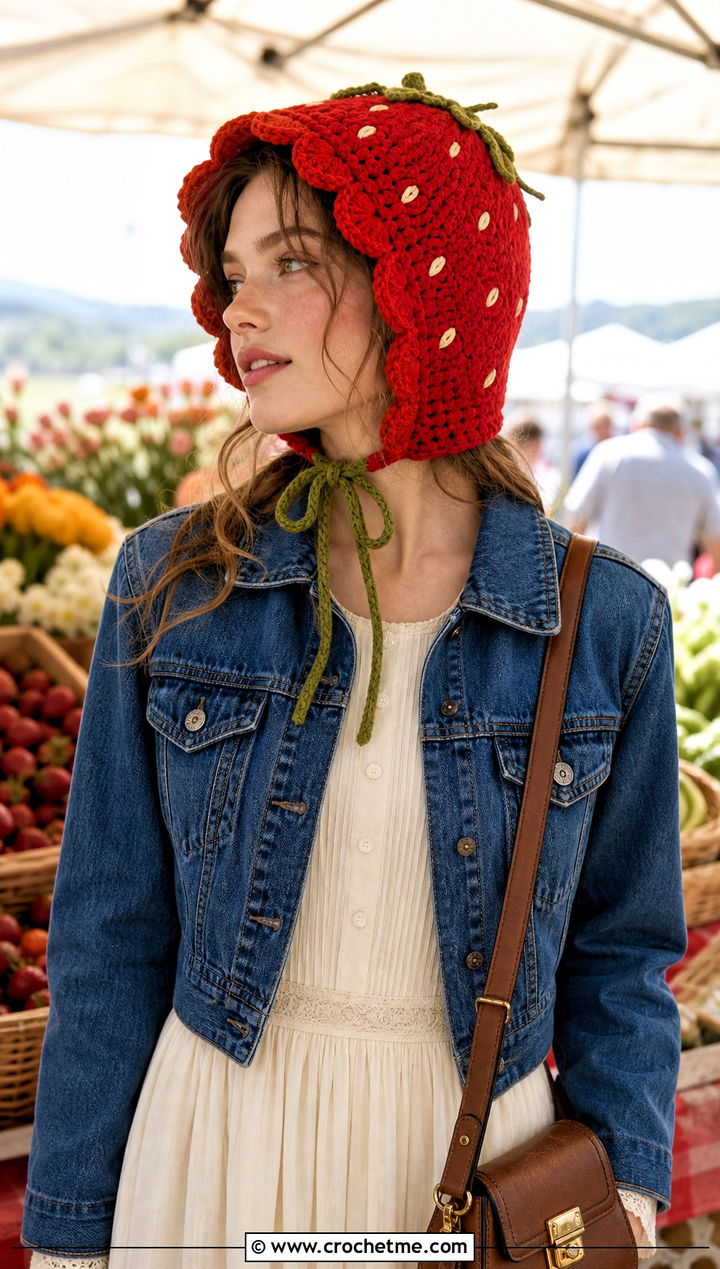 Crochet Strawberry Bonnet With Prairie Dress - 30 crochet strawberry hat outfit ideas