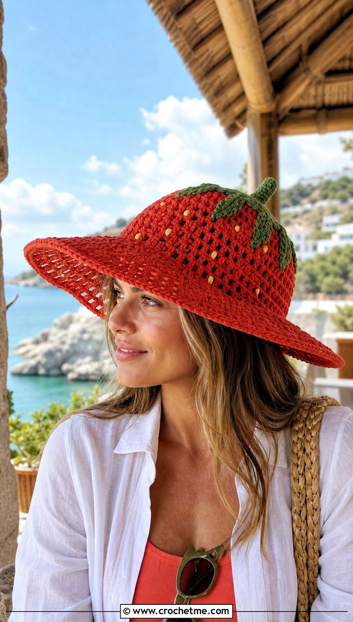 Crochet Strawberry Brimmed Sun Hat With Linen Set - 30 crochet strawberry hat outfit ideas