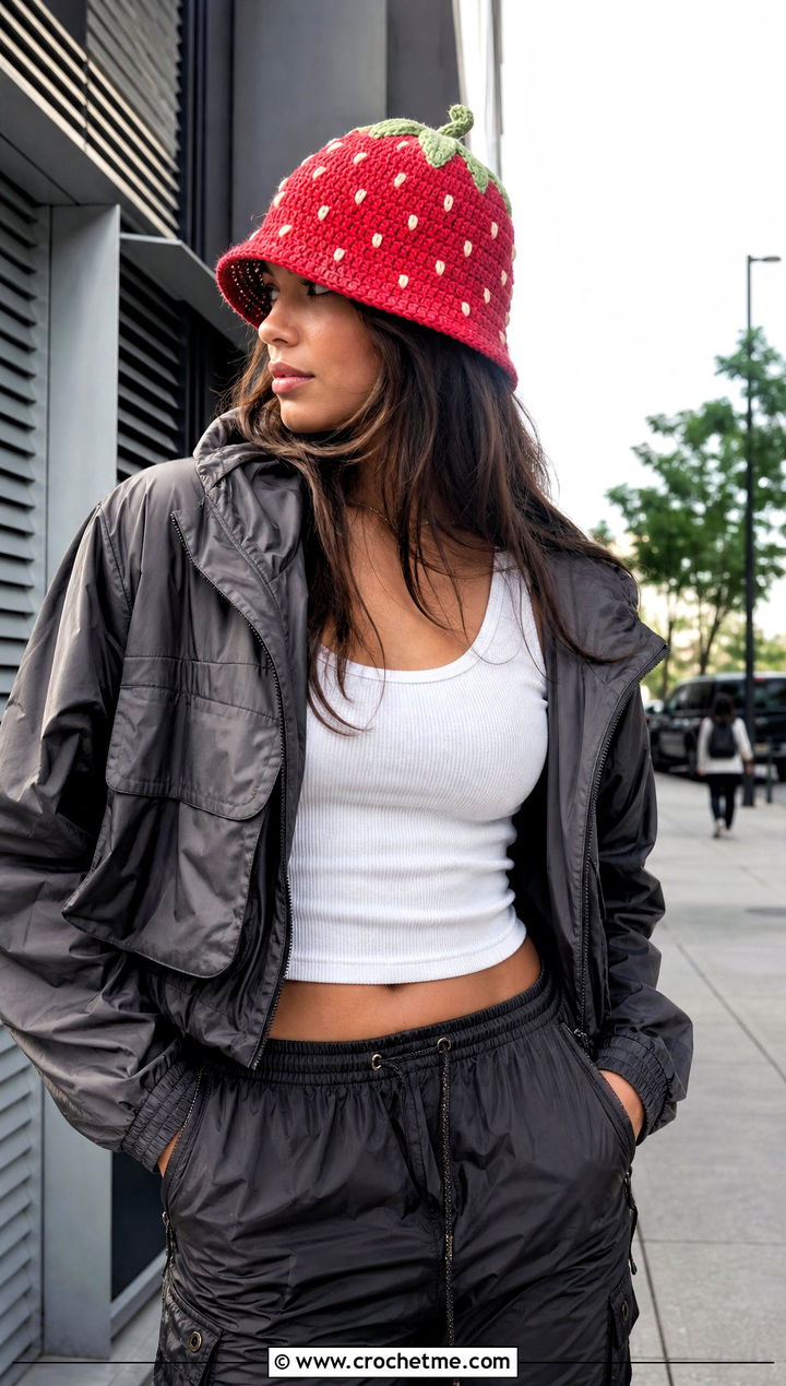 Crochet Strawberry Bucket Hat With Cargo Pants - 30 crochet strawberry hat outfit ideas