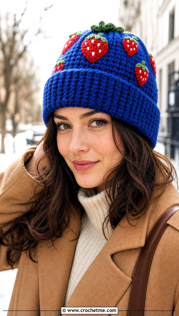Crochet Strawberry Cuffed Beanie With Wool Coat - 30 crochet strawberry hat outfit ideas
