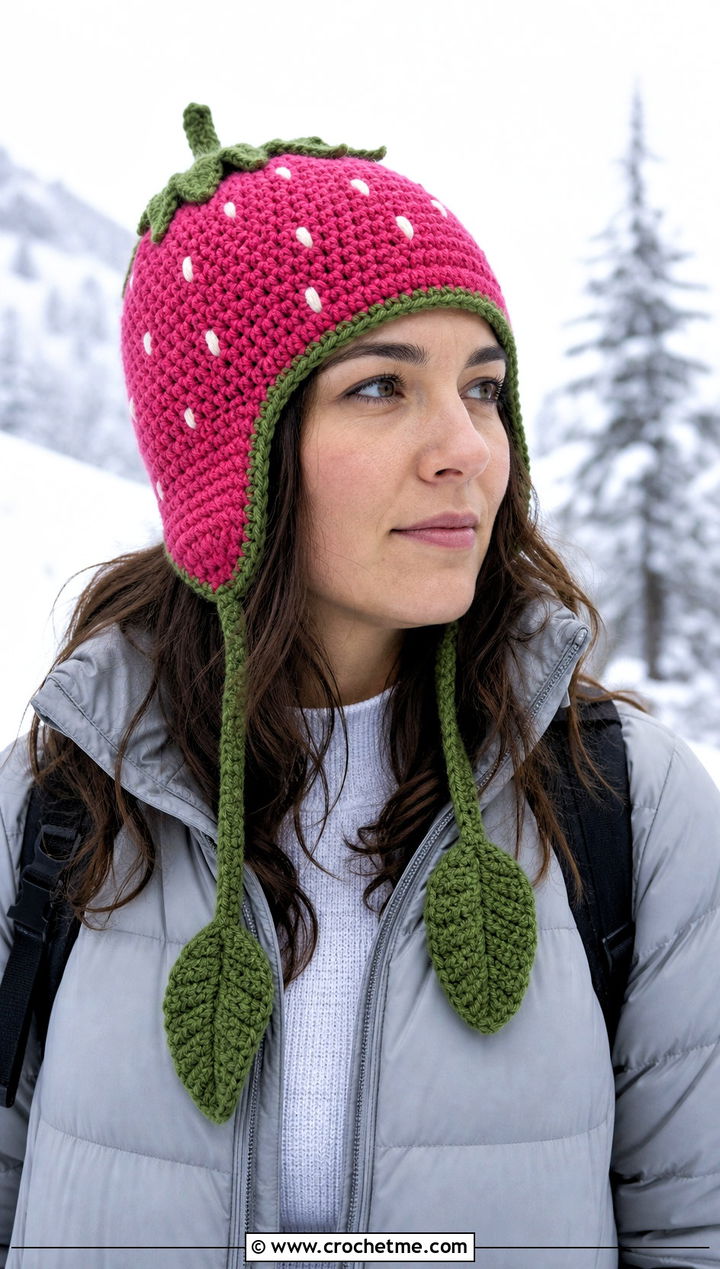 Crochet Strawberry Earflap Hat With Puffer Jacket - 30 crochet strawberry hat outfit ideas