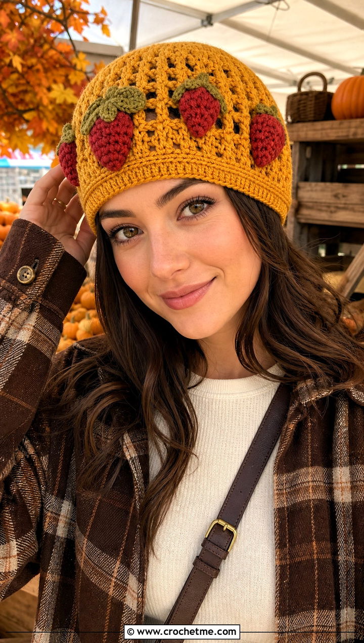 Crochet Strawberry Fisherman Beanie With Shacket - 30 crochet strawberry hat outfit ideas