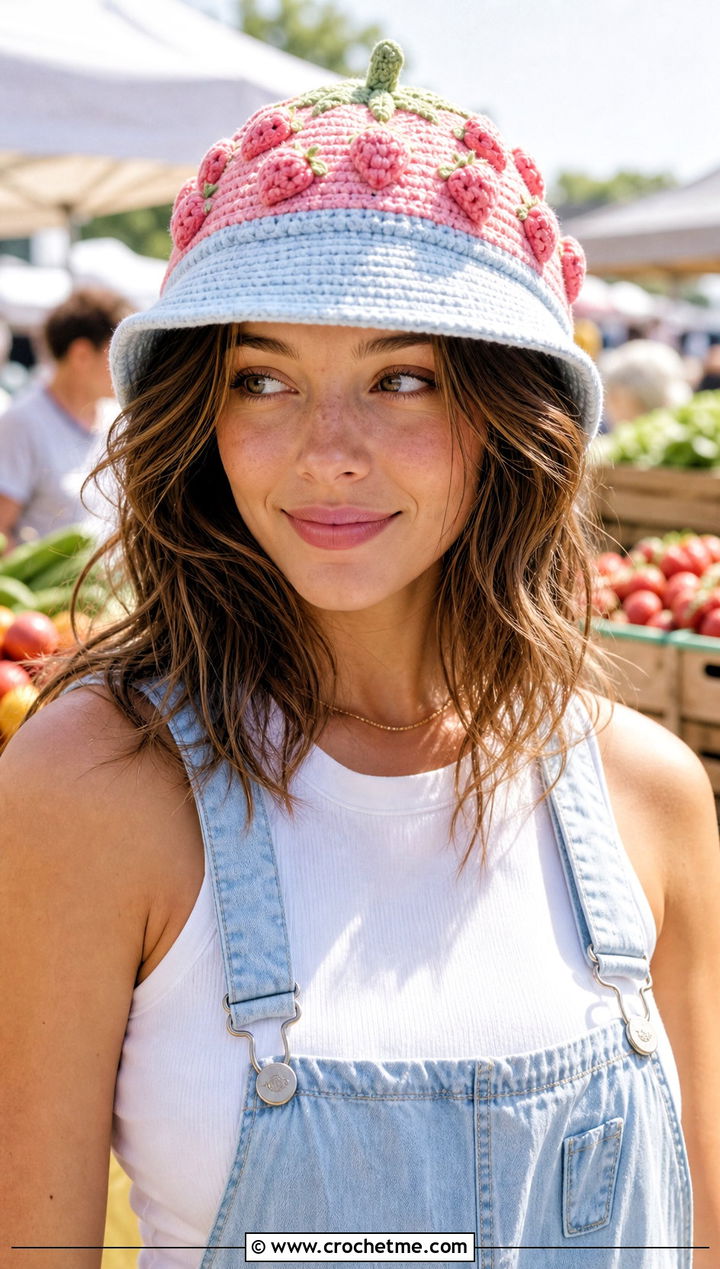 Crochet Strawberry Hat Topper With Summer Overalls Outfit - 20 Crochet Hat Toppers Ideas