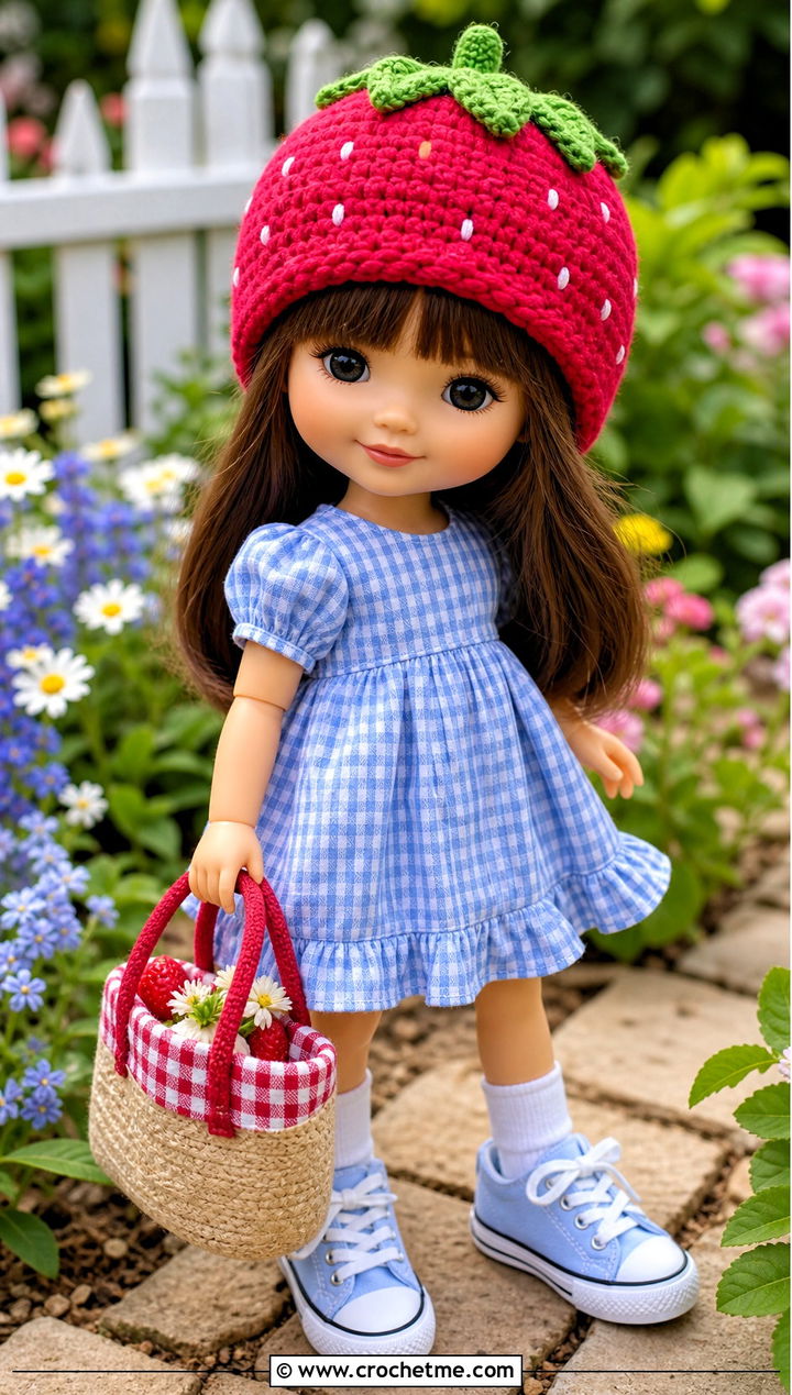 Crochet Strawberry Hat With Gingham Dress And Sneakers - 35 crochet hat for doll outfit ideas