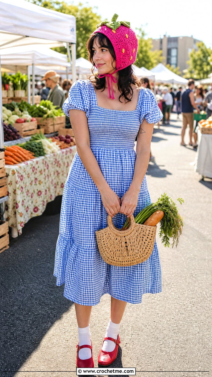 Crochet Strawberry Hat With Gingham Dress - 35 crochet character hats outfit ideas