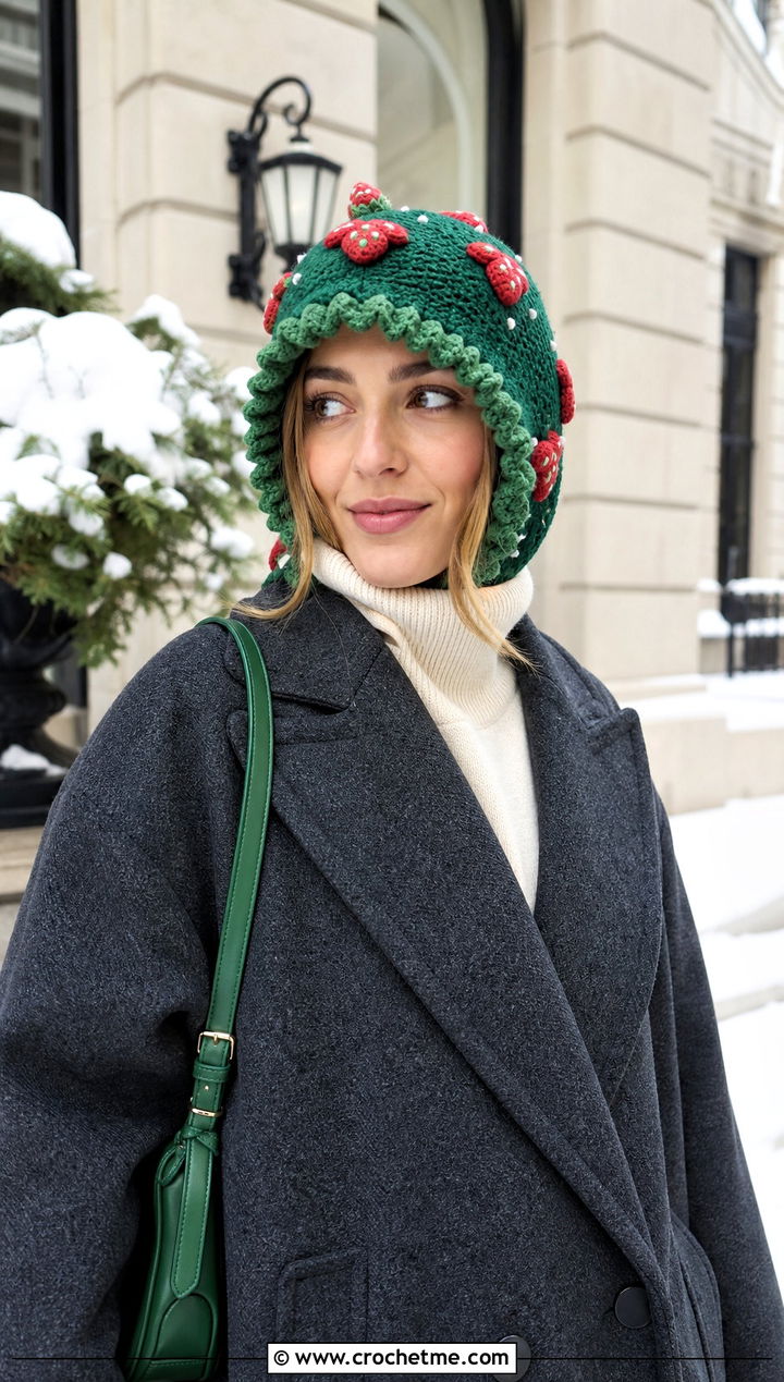Crochet Strawberry Hood Hat With Long Coat - 30 crochet strawberry hat outfit ideas