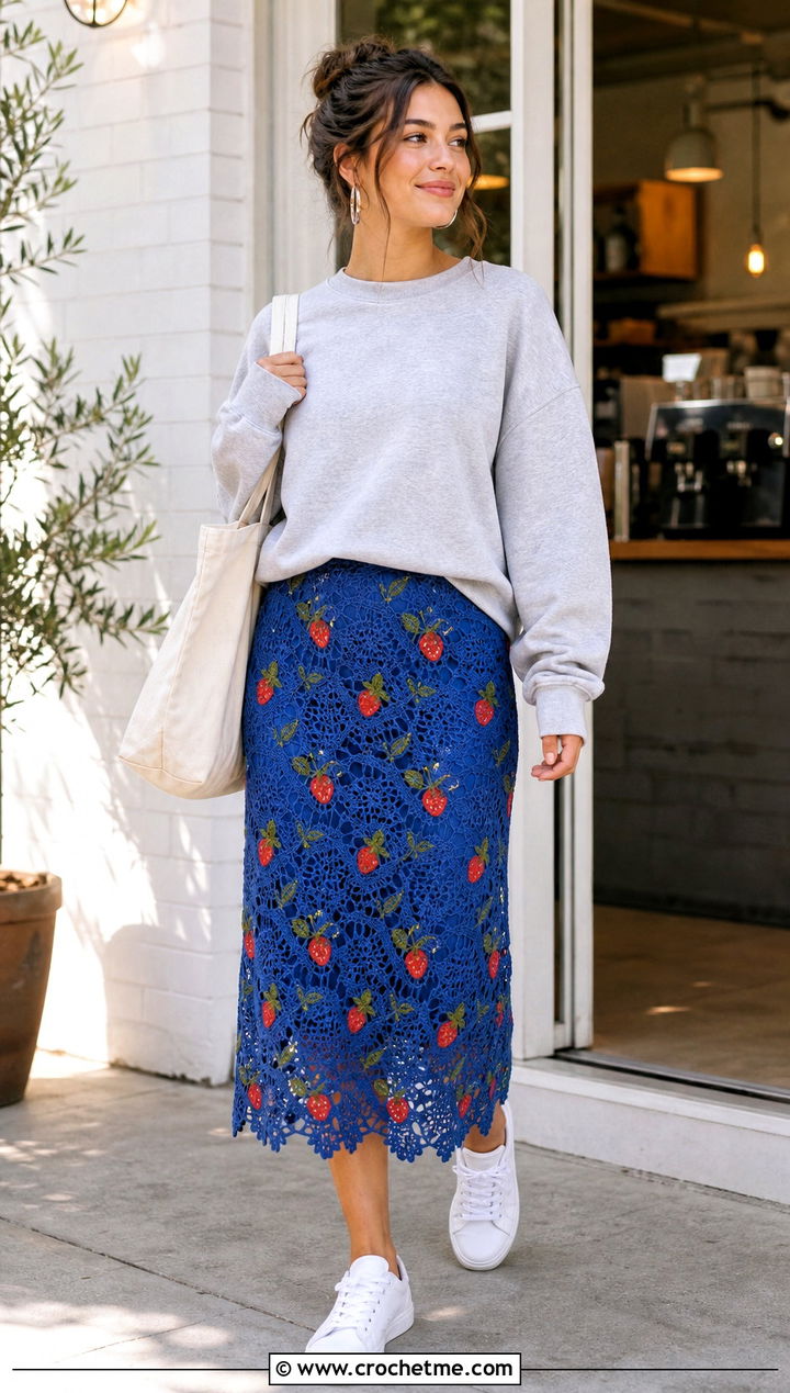 Crochet Strawberry Lace Midi Skirt With Oversized Sweatshirt - 25 crochet strawberry skirt outfit ideas